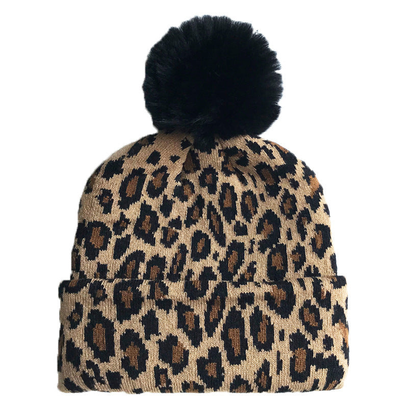 Wholesale Autumn and Winter Warm Double-layer Leopard Print Large Wool Ball Knitted Hats